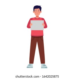 cartoon man holding a blank banner over white background, colorful design, vector illustration