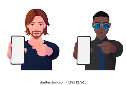 Cartoon Man Holding A Blank Phone and Pointing at It.