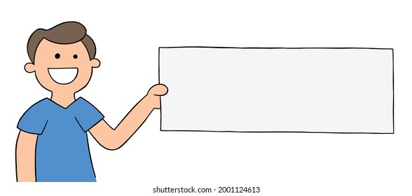 Cartoon man holding blank sign sideways, vector illustration. Colored and black outlines.