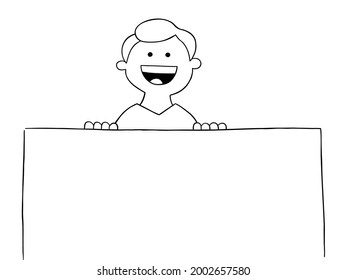 Cartoon man holding blank sign, vector illustration. Black outlined and white colored.