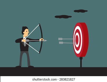 Cartoon man holding bow and arrow aiming at center of target with two arrows on bulls eye. Vector illustration for business goal and success.