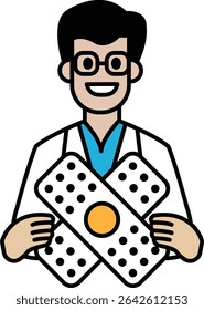 A cartoon man is holding a box of bandages. He is smiling and he is happy