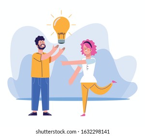 cartoon man holding a bulb and woman standing over white background, colorful design, vector illustration