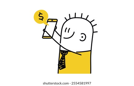 Cartoon man holding a cell phone with a dollar sign on it. He is smiling and looking at the camera. Hand drawn vector illustration. Black and white.