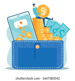 Cartoon Man Holding Coin Sits on Gold Dollars Stack. Flat Huge Wallet with Cash and Phone. Mobile Transfer and Financial Transactions. Easy Checkout and Money Management Vector Metaphor Illustration