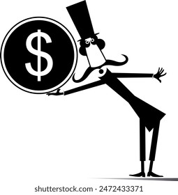 Cartoon man holding dollar coin. Success in business. Gambling. Lottery
Cartoon long mustache man in the top hat holding dollar coin. Black and white illustration
