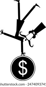 Cartoon man holding dollar coin. Success in business. Gambling. Lottery
Cartoon long mustache man in the top hat  balances on one hand head over heels on the dollar coin. Black and white illustration
