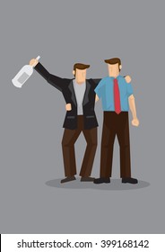 Cartoon man holding a drink bottle and supported by his buddy. Vector illustration on drinking buddy concept isolated on grey background.