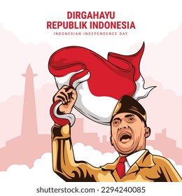 A cartoon of a man holding a flag, indonesian Independence Day