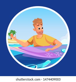 Cartoon Man Holding Floating Surfboard in Water Vector Illustration. Male Surfer. Tropical Beach Summer Vacation Travel. Surf Sport Training. Sea Ocean Coasline Wave. Teacher Instructor Trainer