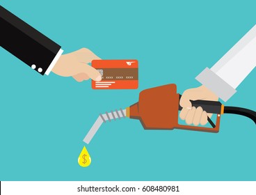 Cartoon, Man holding a gas fuel pump nozzle and Pay gasoline with credit card., vector eps10