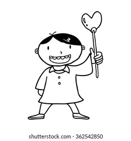 Cartoon man holding heart shaped magic wand