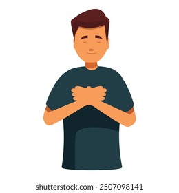 Cartoon man is holding his hands to his chest, eyes closed with a peaceful expression, showing gratitude and appreciation