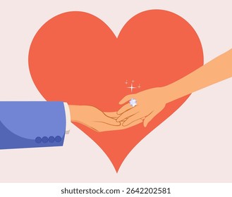 Cartoon of a man holding his wife arm showing a beautiful diamond ring and a red heart on background. Drawing concept for love and wedding greeting card