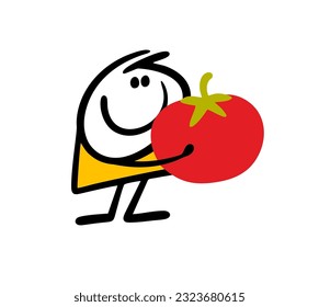 Cartoon man is holding a huge tomato from a new crop. Vector illustration of a farmer demonstrating his success in the garden. Hand drawn stick figure character isolated on white background.