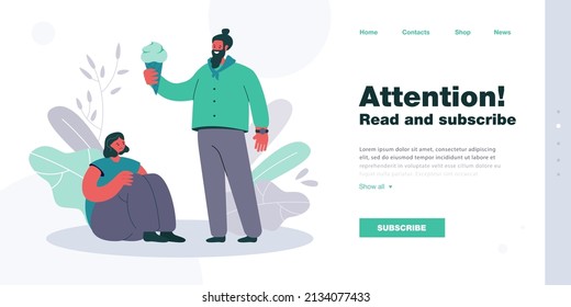 Cartoon man holding ice cream cone for sad female friend. Guy comforting woman with sweet dessert flat vector illustration. Friendship, support concept for banner, website design or landing web page