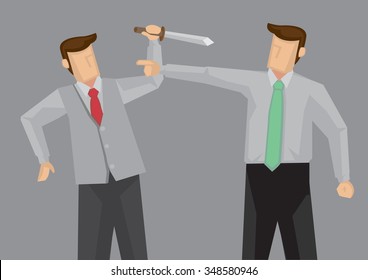 Cartoon man holding a knife trying to kill the other man who is pointing offensively at him. Vector cartoon illustration on ugly confrontation concept.