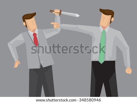 Cartoon man holding a knife trying to kill the other man who is pointing offensively at him. Vector cartoon illustration on ugly confrontation concept.