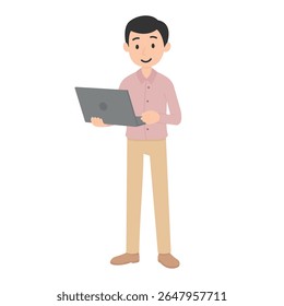 Cartoon man holding laptop standing upright. Minimalist vector illustration for concepts related to remote work, modern workplace, technology and corporate communication