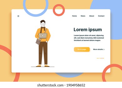 Cartoon man holding laptop. Student or freelancer wearing warm clothes, working with computer flat vector illustration. Digital communication concept for banner, website design or landing web page