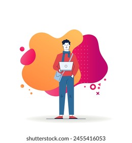 Cartoon man holding laptop. Student or freelancer wearing warm clothes, working with computer flat vector illustration. Digital communication concept for banner, website design or landing web page