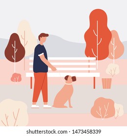 Cartoon Man Holding Leash in Hand. Boxer Breed Dog Sit Street Vector Illustration. Walk Puppy Outdoors, Autumn Tree, Fall Nature, Park Bench. Animal Friend Love, Care, Pet Training