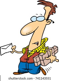 cartoon man holding a letter and brown paper packages