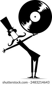 Cartoon man holding long play record. 
Funny long mustache person in the top hat holds vinyl record. Black on white background
