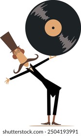 Cartoon man holding long play record. 
Funny long mustache person in the top hat holds vinyl record. Isolated on white background
