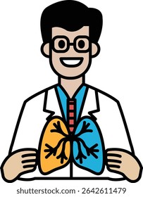 A cartoon man is holding a lung in his hands. He is wearing a lab coat and glasses. Concept of a doctor or medical professional examining a lung. Scene is lighthearted and playful