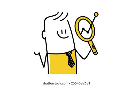 Cartoon man holding a magnifying glass. He smiles and studies the chart. Hand drawn vector illustration. Black and white.