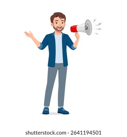 Cartoon man holding megaphone, promoting with happy smiling expression, full body vector on white