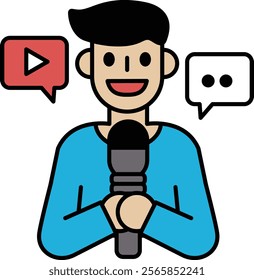 A cartoon man is holding a microphone and smiling. He is surrounded by speech bubbles, one of which says "video". Concept of fun and lightheartedness, as if the man is a comedian or a talk show host