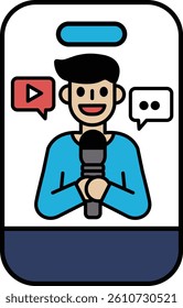 A cartoon man is holding a microphone and smiling. He is talking into the microphone. The cartoon is about a man who is a reporter