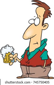 cartoon man holding a mug of beer and thinking