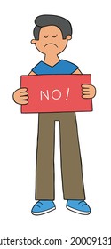 Cartoon man holding NO sign, svector illustration. Colored and black outlines.