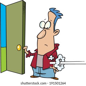 cartoon man holding open a door