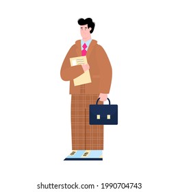 Cartoon man holding professional CV and suitcase - candidate with job application ready for work interview standing in business clothes. Isolated vector illustration.