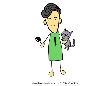 caricaturista sosteniendo al gato rojo. vector dibujado a mano sobre la ilustración del cuidado animal.