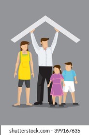 Cartoon man holding up a roof above his family with wife, son and daughter. Vector illustration of concept on man supporting family isolated on grey background.
