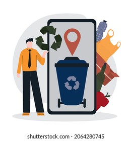 Cartoon man holding sign of recycle. Phone screen with mobile application to find waste bins for separation and recycling garbage. Refuse collection, segregation and reclamation. Vector illustration