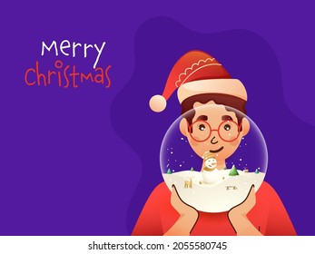 Cartoon Man Holding Snow Globe On Purple Background For Merry Christmas Concept.