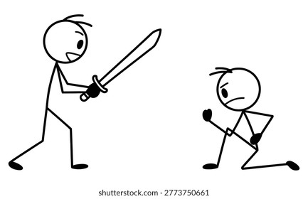 Cartoon man holding sword attacking fearful opponent