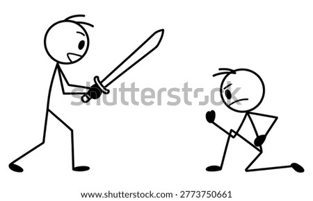 Cartoon man holding sword attacking fearful opponent