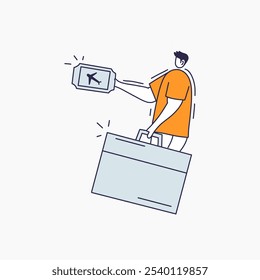 A cartoon man holding a ticket and a suitcase, excited about his upcoming trip.