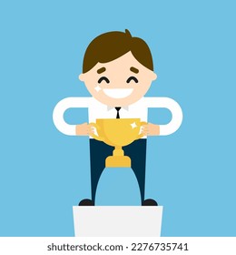 Cartoon man holding a trophy, employee success, winner's award. Vector illustration. Flat design