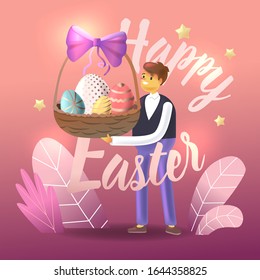 Cartoon man holds of basket with an Easter Eggs. Happy Easter phrase on an invitation card. Holiday eggs with golden stripes, dots and spots