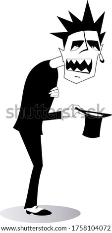 Cartoon man holds a hat and asks for charity illustration. Hungry and chilled man asks for help and money black on white
