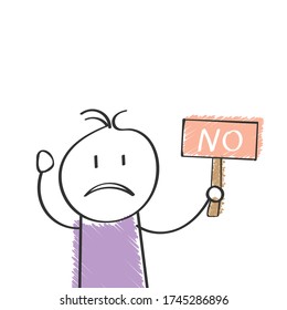 cartoon man holds a sign that says NO. Flat Doodle style for design and decoration