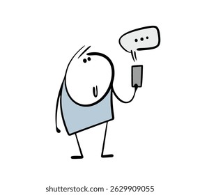 Cartoon man holds a smartphone in his hand and listens to the other person on speakerphone. Vector illustration of  stickman received an SMS on mobile phone. new technologies for human communication.